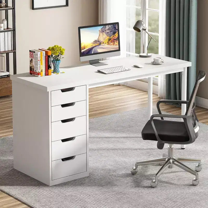 Bureau d’ordinateur Lantine avec 5 tiroirs, bureau moderne et sobre de 47 pouces pour le télétravail, les études et l’écriture, idéal pour les petits espaces