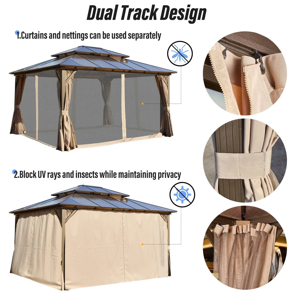 EROMMY hardtop-paviljoen, pergola voor buiten met dubbel dak, netten en gordijnen, extra stevig zonnescherm voor terras, achtertuin en zwembadfeest