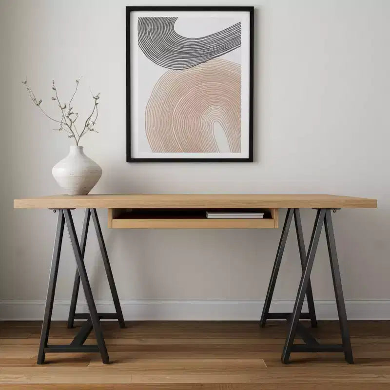 Bureau de direction HomeRoots 60 en bois massif et métal, naturel et noir, avec piètement en tréteau