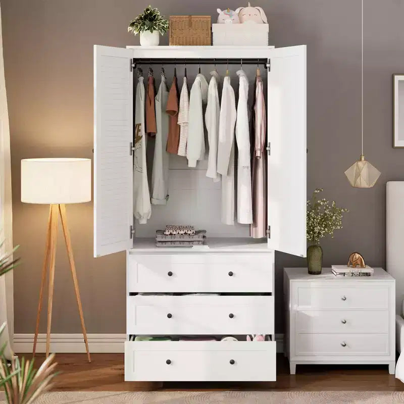 COZONY kledingkast met 3 laden en 2 deuren, moderne houten kast voor de slaapkamer, stevige witte kledingkast