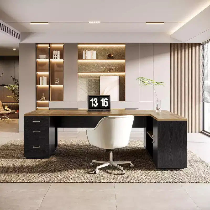 Bureau de direction d’angle Lantine 85.8 en forme de L, extra large, pour ordinateur, avec tiroirs classeurs pour bureau à domicile
