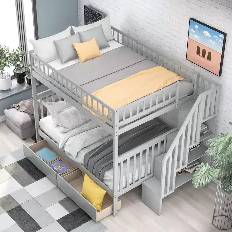 Stapelbed met twee tweepersoonsbedden, twee opberglades en opbergplanken, voor de slaapkamer van kinderen, tieners en volwassenen