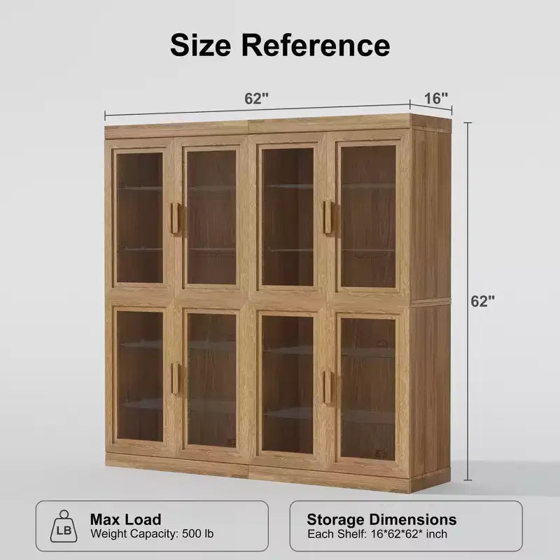 Armoire de rangement décorative haute de 62, en bois à grain apparent avec portes en verre noir et espace suffisant pour 12 étagères