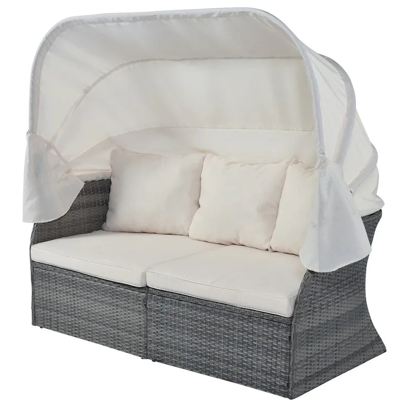 Graues Outdoor-Daybed aus Rattan mit Kissen und ausziehbarem Sonnendach