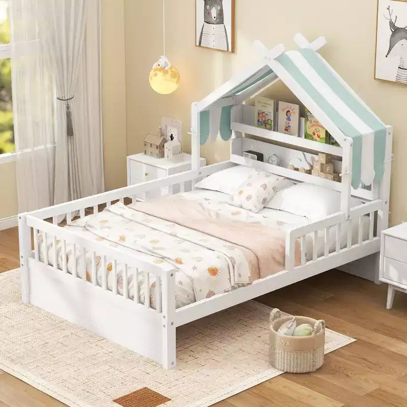ModernLuxe houten huisbed in twin-/full-size met opbergvak in het hoofdbord, bedframe van massief grenenhout voor kinderen met veiligheidsleuningen