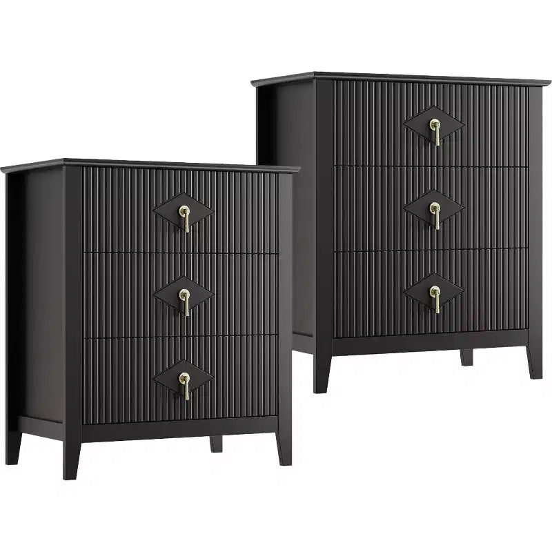 Lot de 2 tables de chevet en bois cannelé, commode de 27.5 de large à 3 tiroirs, tables de chevet modernes, commode pour chambre ou salon