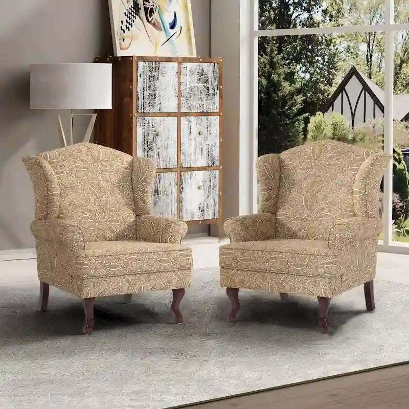 Set di 2 poltrone tradizionali con schienale ad ali, imbottite