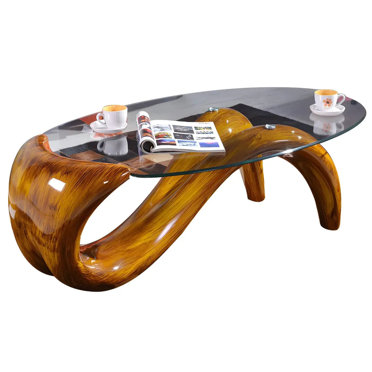 Moderner ovaler Couchtisch mit Glasplatte und Metallgestell im abstrakten Design