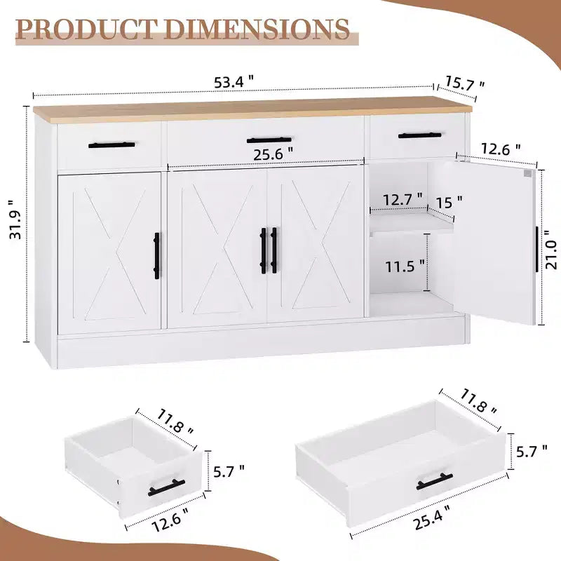 Credenza Celebalcony con contenitore, grande mobile da cucina da 53.4 con 3 cassetti e 4 ante, ripiano regolabile per cucina e soggiorno