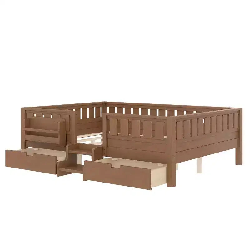 Lit pour enfant Bellemave format queen avec 14 barrières de sécurité, cadre de lit compact avec bibliothèque intégrée et 2 tiroirs de rangement sous le lit