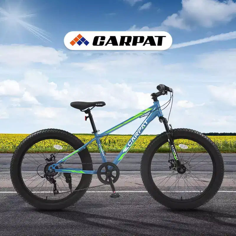 Bicicletta Okak da 24IN con pneumatici larghi e sospensione anteriore, mountain bike a 7 velocità con freno a disco e telaio in acciaio ad alto tenore di carbonio, bici da trail per gli spostamenti