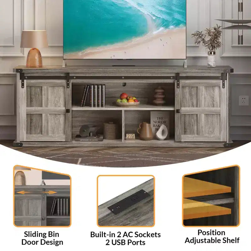 70-TV-Schrank für 75-Zoll-Fernseher, Unterhaltungsmöbel im Landhausstil mit Schiebetüren im Scheunentor-Stil und Stauraumschränken, moderner TV-Medienkonsolentisch