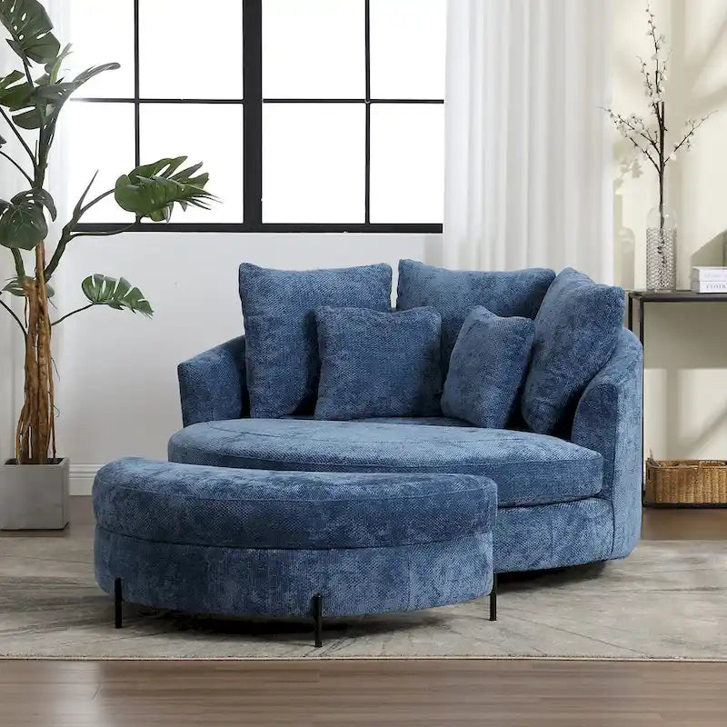 Fauteuil canapé moderne rond de style tonneau avec 5 coussins et pouf en option