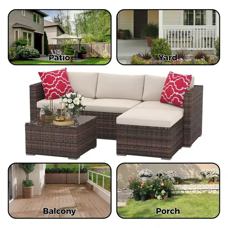 5 Pieces Patio Furniture Set, All-Weather Wicker Sectional Sofa With Anti-Slip Cushions, Rattan Outdoor Patio Furniture Sofa Set With Ottoman
