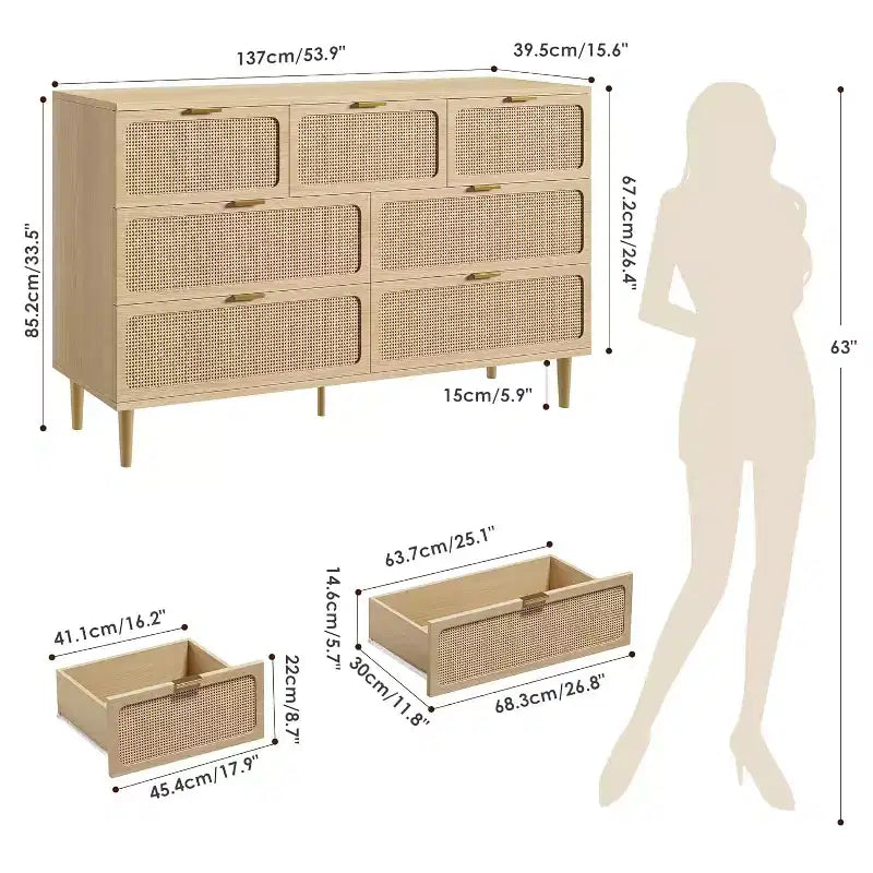 Rattan-Kommoden mit 7 Schubladen fürs Schlafzimmer, hohe Kommode mit tiefen Schubladen, große Schubladenkommode für den Kleiderschrank mit breiter Ablagefläche, Holzkommode fürs Wohnzimmer