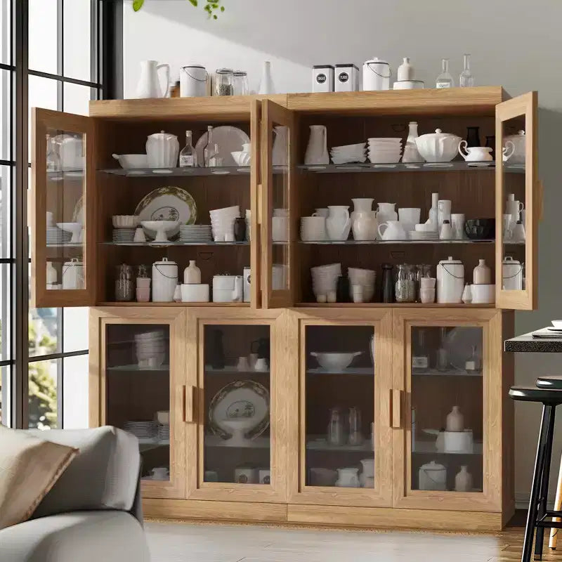 Armoire de rangement décorative haute de 62, en bois à grain apparent avec portes en verre noir et espace suffisant pour 12 étagères