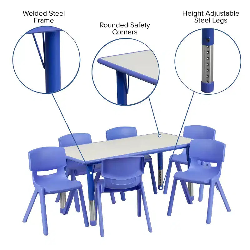 Ensemble table d’activités rectangulaire réglable en hauteur en plastique Emma and Oliver, 23.625W x 47.25L, avec 6 chaises