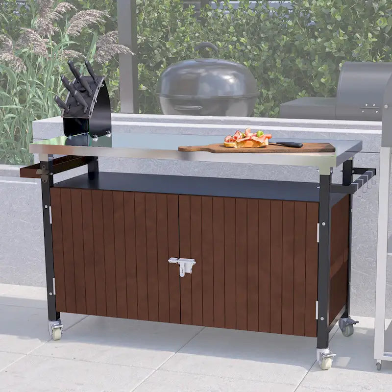 Grillwagen für draußen mit Tischplatte aus Edelstahl (Hocker nicht im Lieferumfang enthalten)