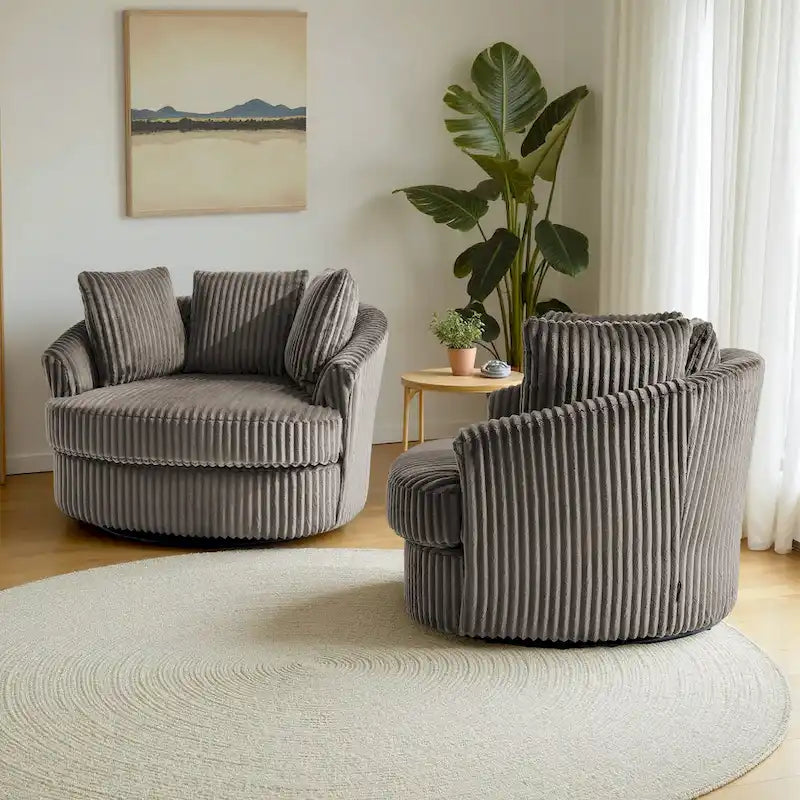 Set da 2 poltrone girevoli a botte oversize da 43 W in morbido velluto a coste con cuscini