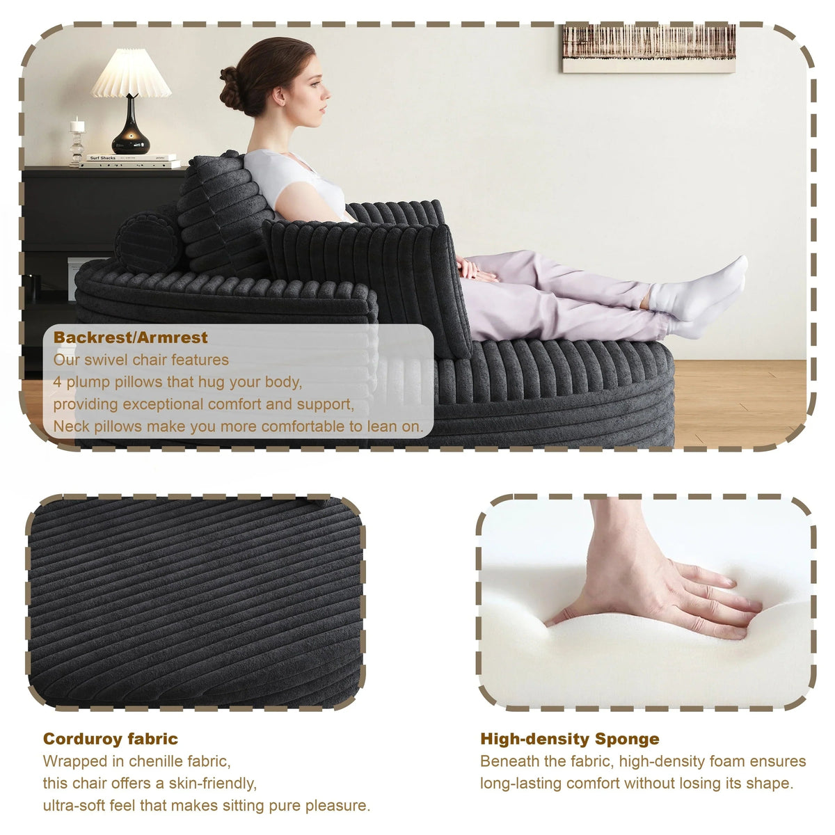 Einzelsessel mit Cord-Chenille-Bezug und Schaumstoffpolsterung, drehbar