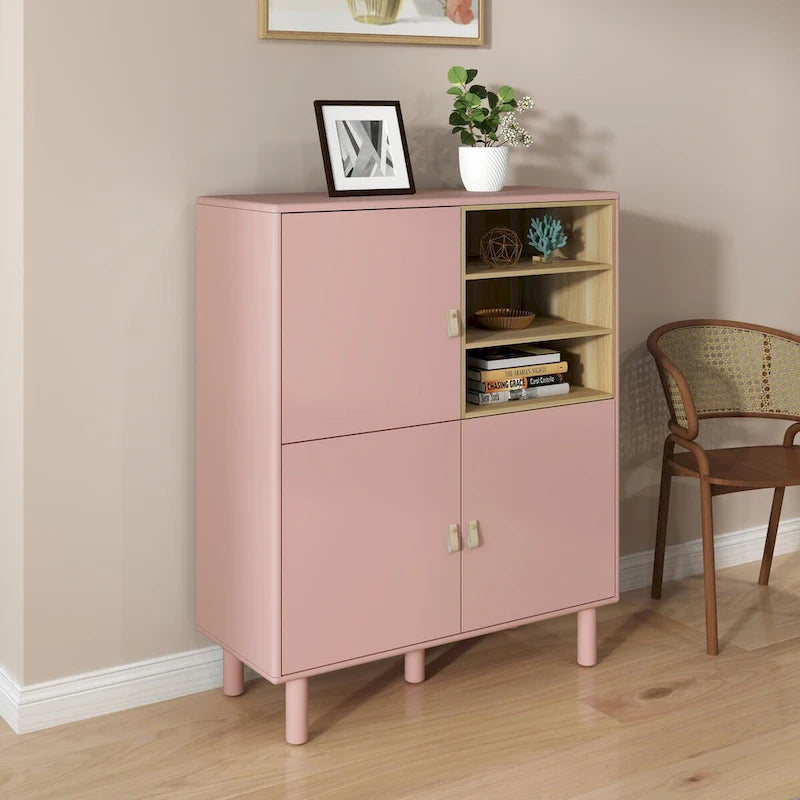 Multifunktionaler Aufbewahrungsschrank mit Tür, modernes Sideboard, Aufbewahrungsschrank aus Holz, Schubladenschrank mit Ledergriffen
