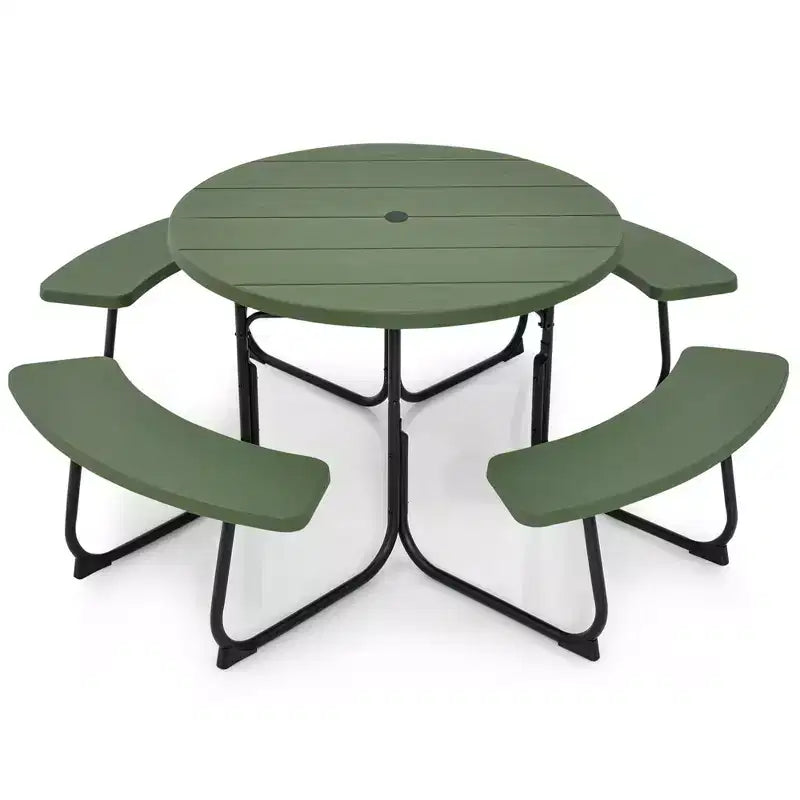 Costway Rundes Picknicktisch-Bank-Set für 8 Personen für den Außenbereich, mit 4 Bänken und Schirmloch, Schwarz/Grau/Grün/Weiß