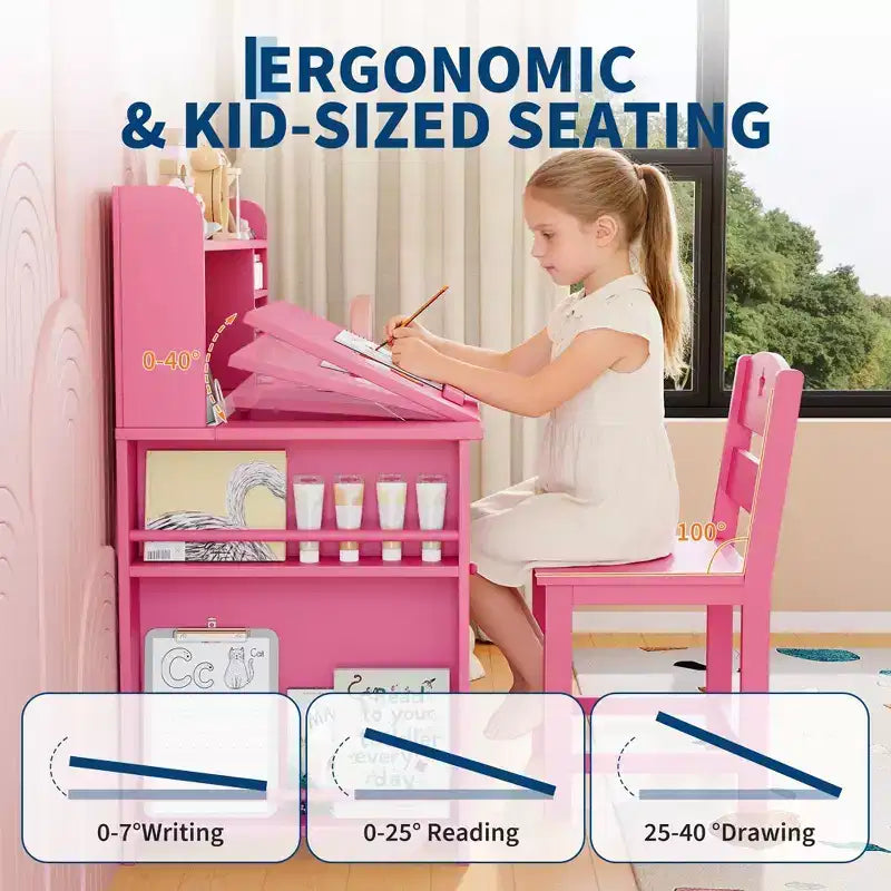 Ensemble bureau et chaise d’étude pour enfants avec rangement, bureau pour enfants avec étagère supérieure et plateau inclinable, table en bois avec meuble de rangement pour les 3-8 ans