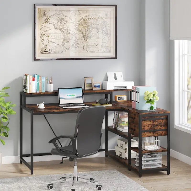Schreibtisch in L-Form mit Schublade, Eckschreibtisch fürs Homeoffice mit Ablagefächern und Monitorständer, rustikaler PC-Schreibtisch für kleine Räume