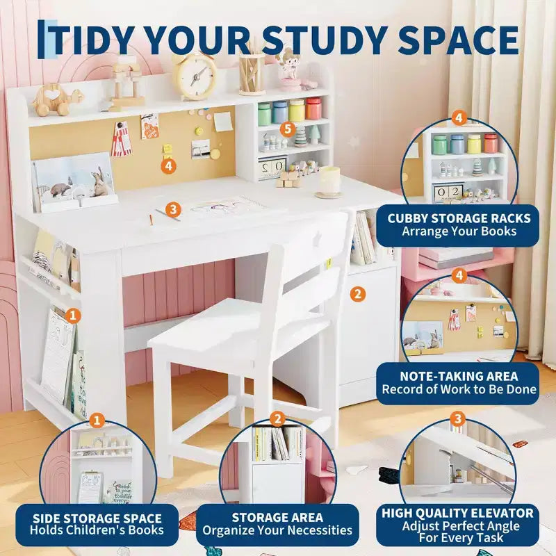 Bureau- en stoelset voor kinderen met opbergruimte, kinderbureau met opzetstuk en kantelbaar blad, houten kindertafel met opbergkast voor kinderen van 3-8 jaar