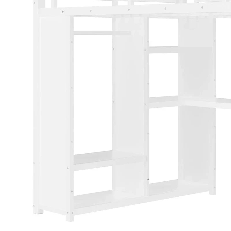 Hoogslaper voor queensize bed - ingebouwde kledingkast en bureau, metalen frame met planken