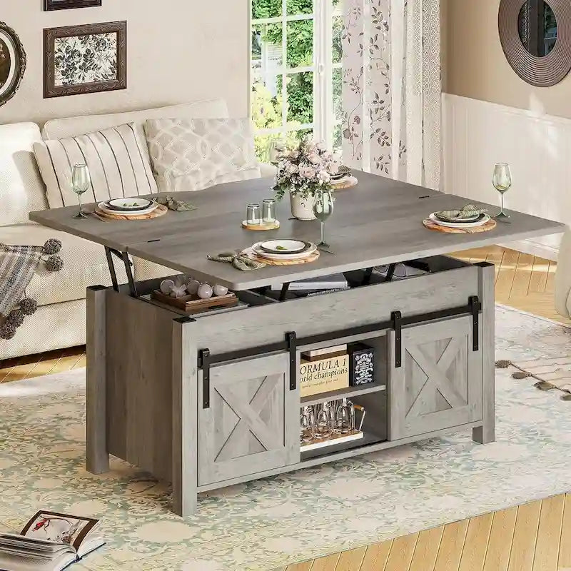 Table basse relevable avec 2 portes coulissantes de style grange, rangement et table à manger