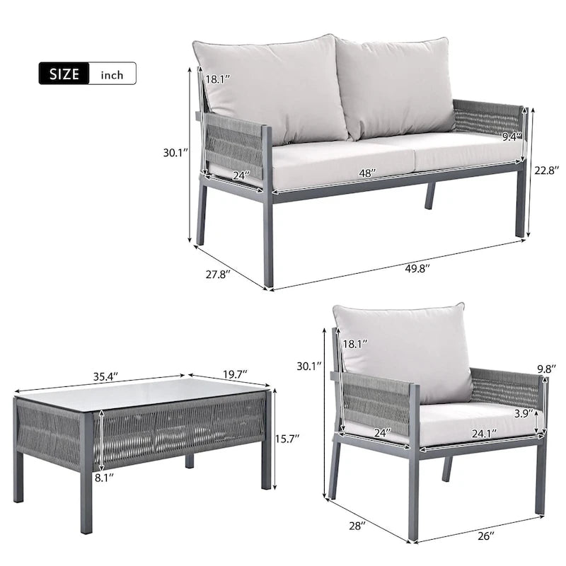 4-delige tuinmeubelset, loungeset voor buiten met tafel van gehard glas, diepe zit en dikke kussens