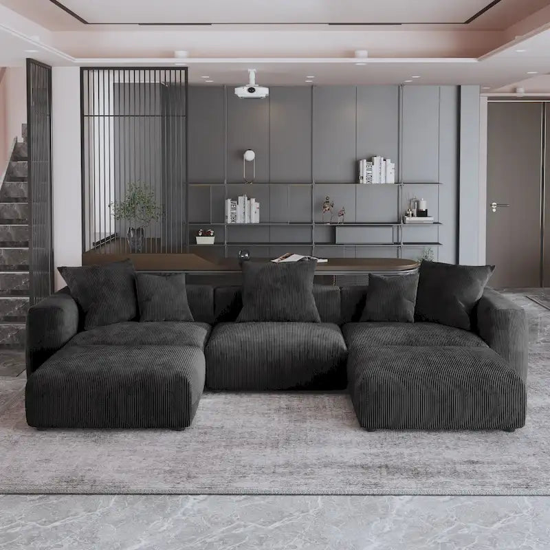Canapé modulable d’angle de 141.73, canapé en velours côtelé en U avec poufs