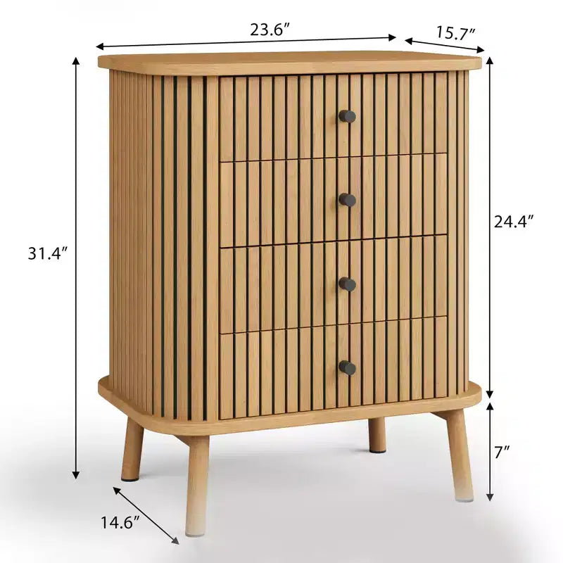 Comò a 4 cassetti per camera da letto, comodino, capiente cassettiera boho in vimini con maniglie nere opache e gambe in legno