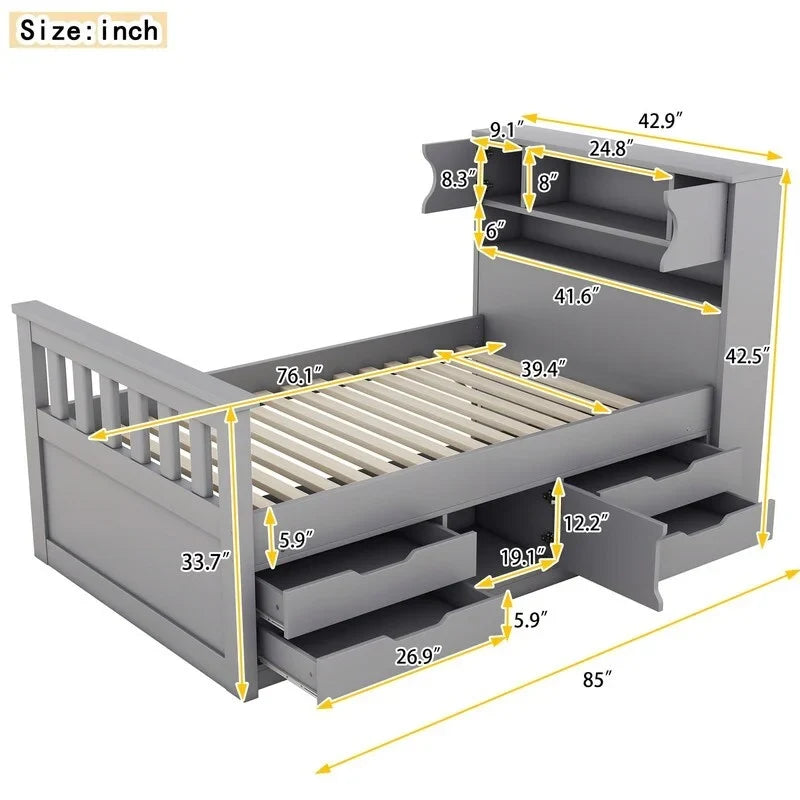 Letto a piattaforma Captain singolo/matrimoniale con 4 cassetti e ripiani contenitori, struttura in legno massello con testiera libreria contenitore