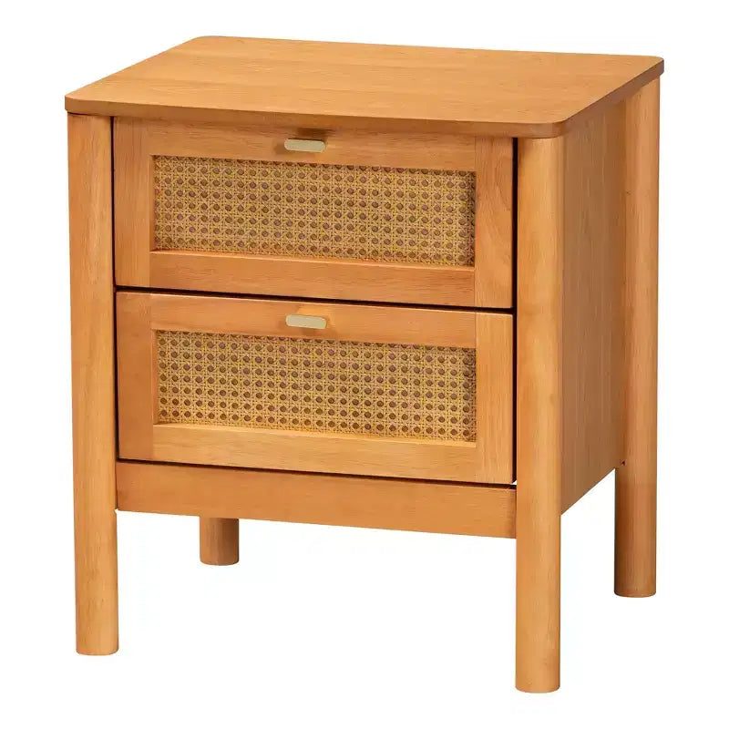 Baxton Studio Jenn Japandi-slaapkamersset van 5 delen in goudbruin hout, queensize, met rotan met verweerde afwerking