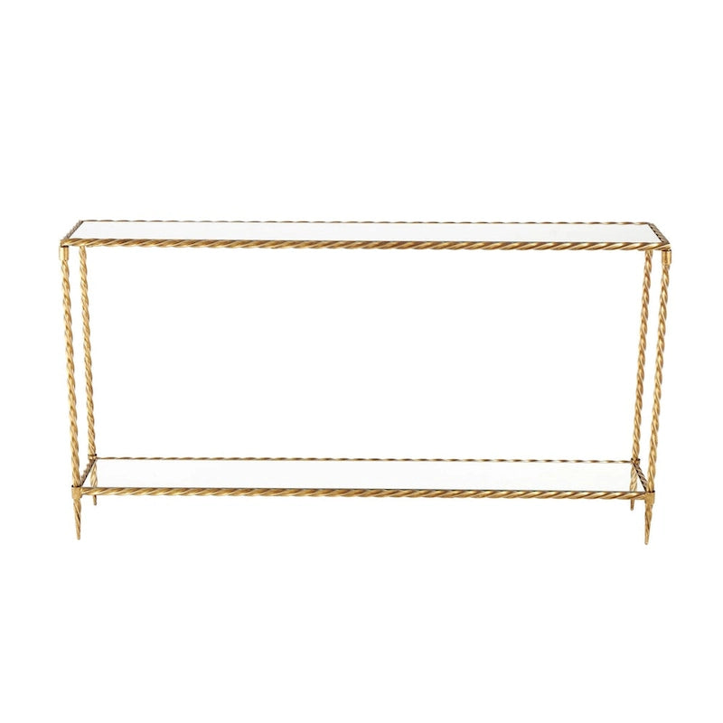 Konsolentisch mit 1 Ablage, inspiriert von gedrehtem Metallseil, mit verspiegelter Glasplatte und Ablage - Gold - Roche River Decor