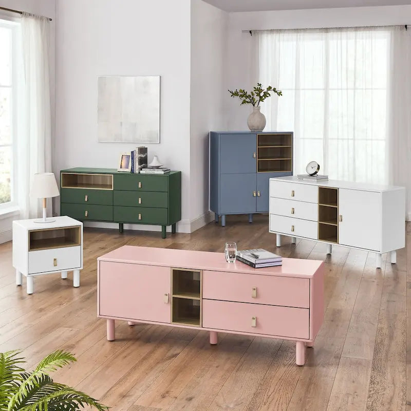 Multifunktionaler Aufbewahrungsschrank mit Tür, modernes Sideboard, Aufbewahrungsschrank aus Holz, Schubladenschrank mit Ledergriffen