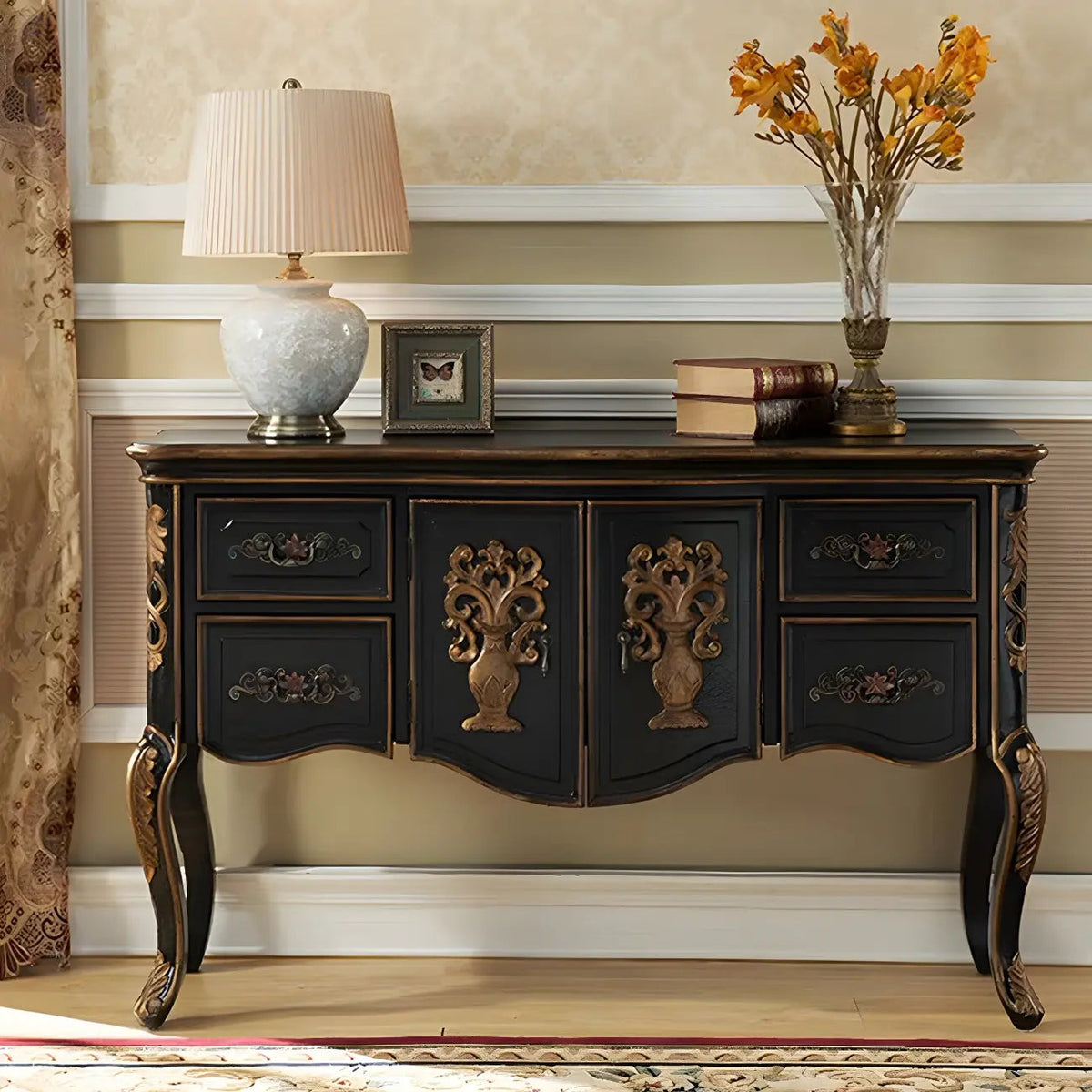 Franse houten koffiekleurige opbergconsoletafel met laden