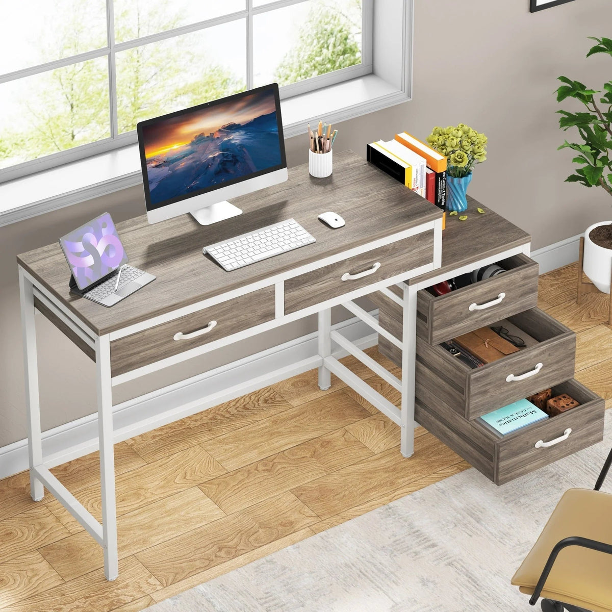 Wendbarer Computerschreibtisch mit 5 Schubladen, Schreibtisch fürs Homeoffice mit Aktenschublade und Druckerständer