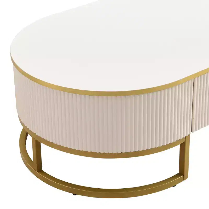 Table basse moderne 47W avec tiroirs, profil incurvé, pieds en métal doré, ovale, blanc et or - ModernLuxe