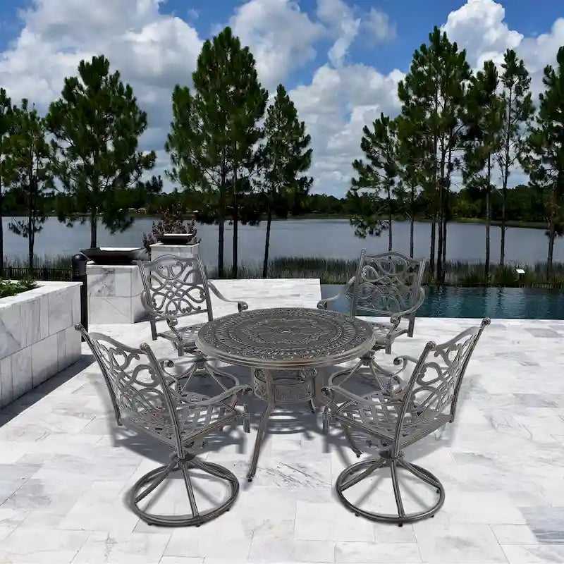 Ensemble de salle à manger de patio en aluminium moulé, 5 pièces, avec 4 chaises pivotantes