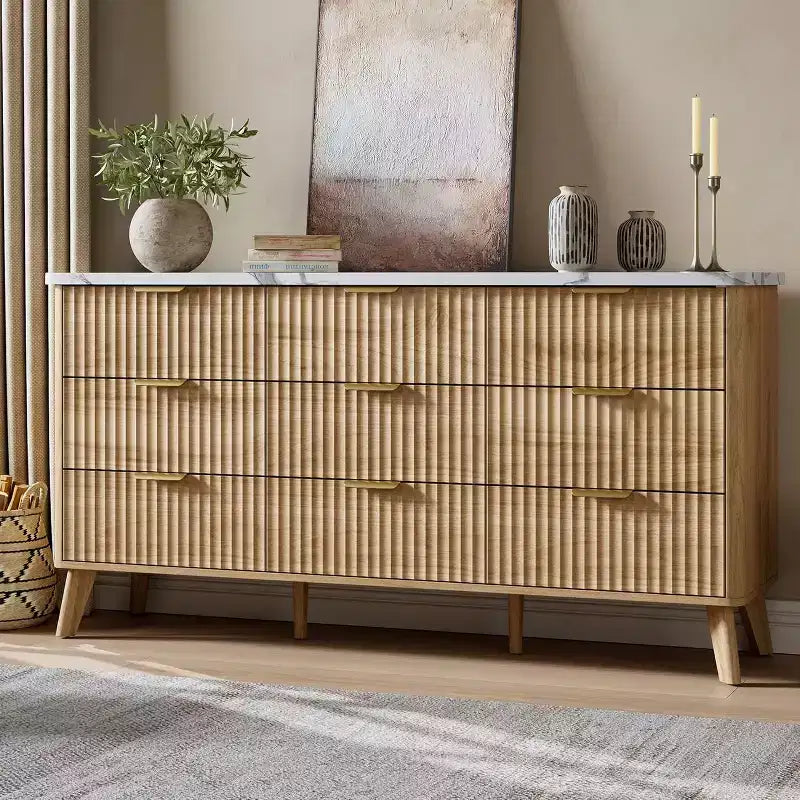 Kommode mit 9 geriffelten Schubladen, moderne Anrichte, TV-Ständer aus Holz, geschwungenes Design, für Wohnzimmer und Flur