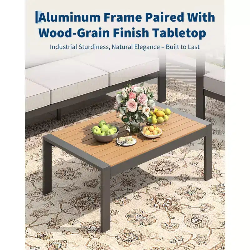 Ensemble de mobilier de patio en aluminium, canapé d’angle d’extérieur avec 5 coussins épais, 4 accoudoirs et table basse pour le jardin, la terrasse ou la cour