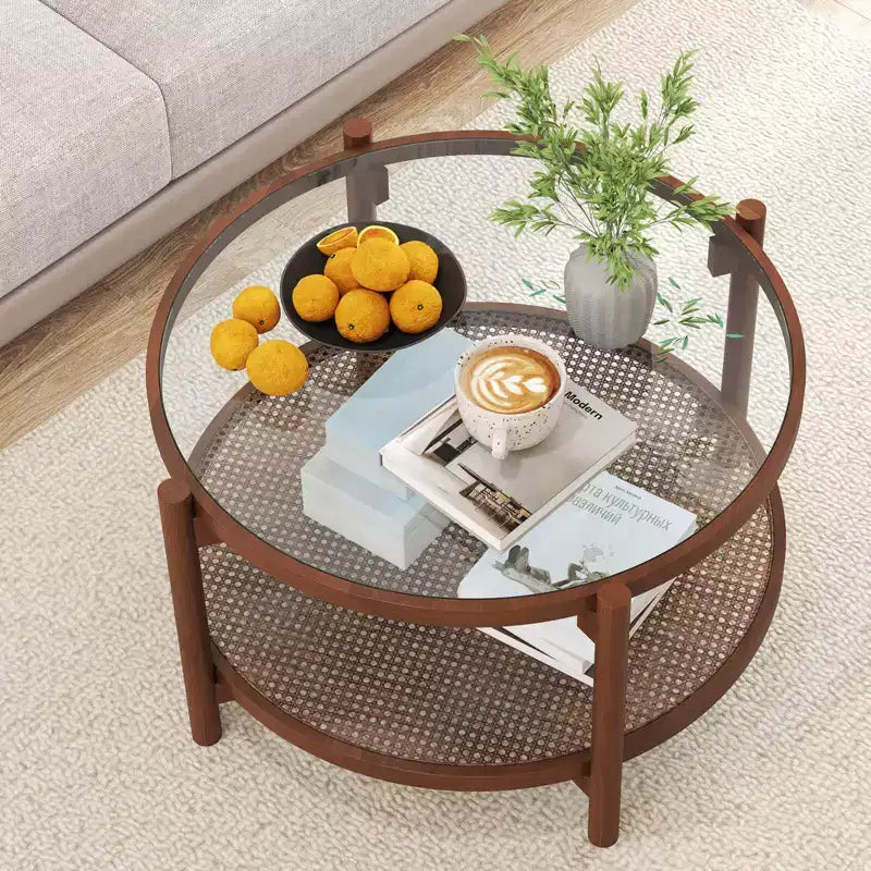 Tavolino rotondo da 31 con piano in vetro temperato e ripiano in rattan