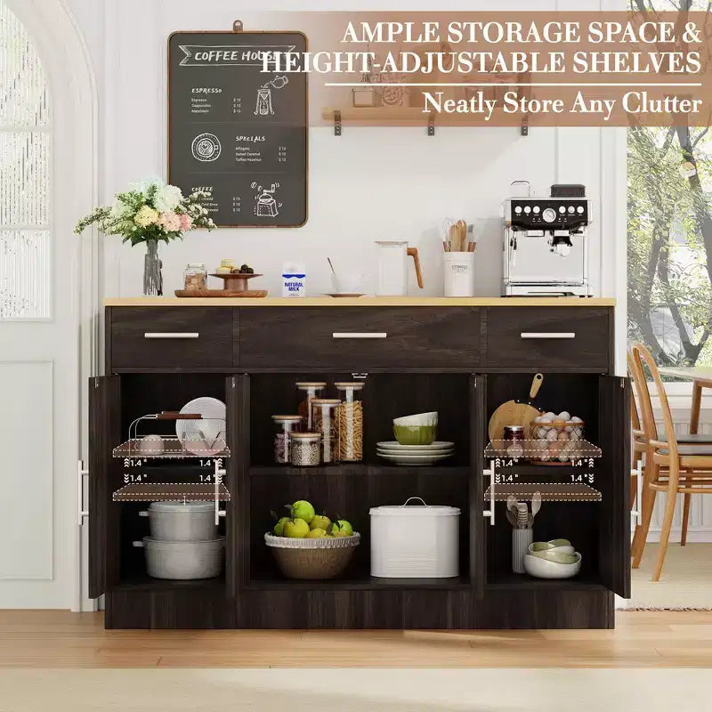 Credenza Celebalcony con contenitore, grande mobile da cucina da 53.4 con 3 cassetti e 4 ante, ripiano regolabile per cucina e soggiorno