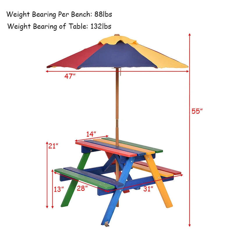 Costway Kinder-Picknicktisch mit 4 Sitzplätzen, Sonnenschirm, für Garten und Hof, klappbar