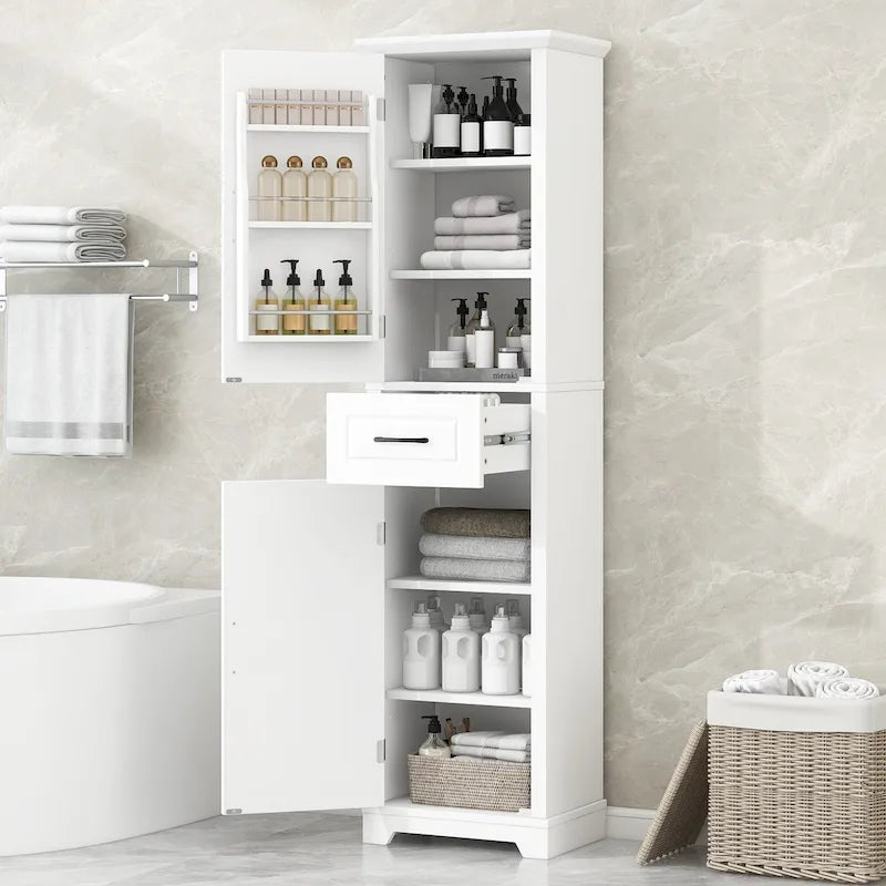 Armoire de salle de bains autoportante à 2 portes, étagères réglables et rangement dans les portes, rangement haut pour salle de bains