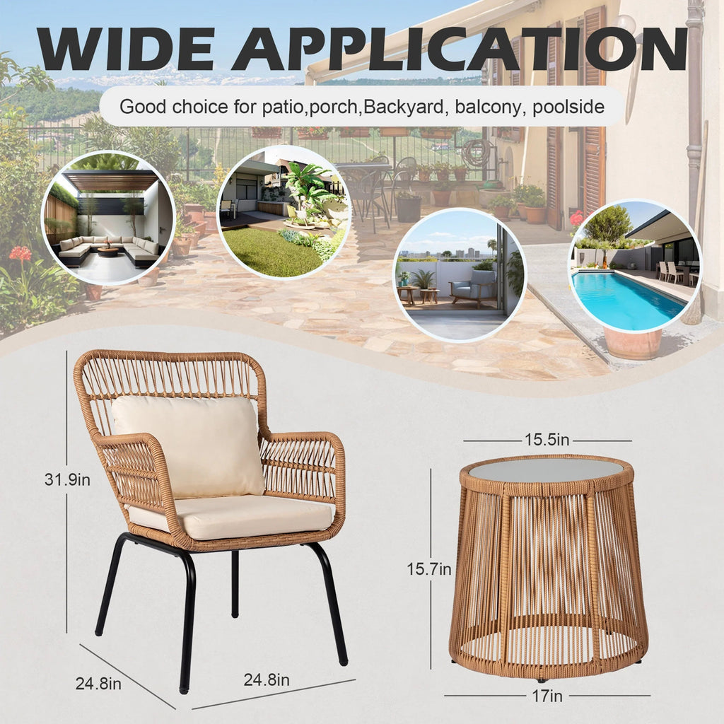 3-teiliges Outdoor-Bistroset aus Korbgeflecht, wetterfeste Rattan-Gartenmöbel mit Stühlen und Kissen