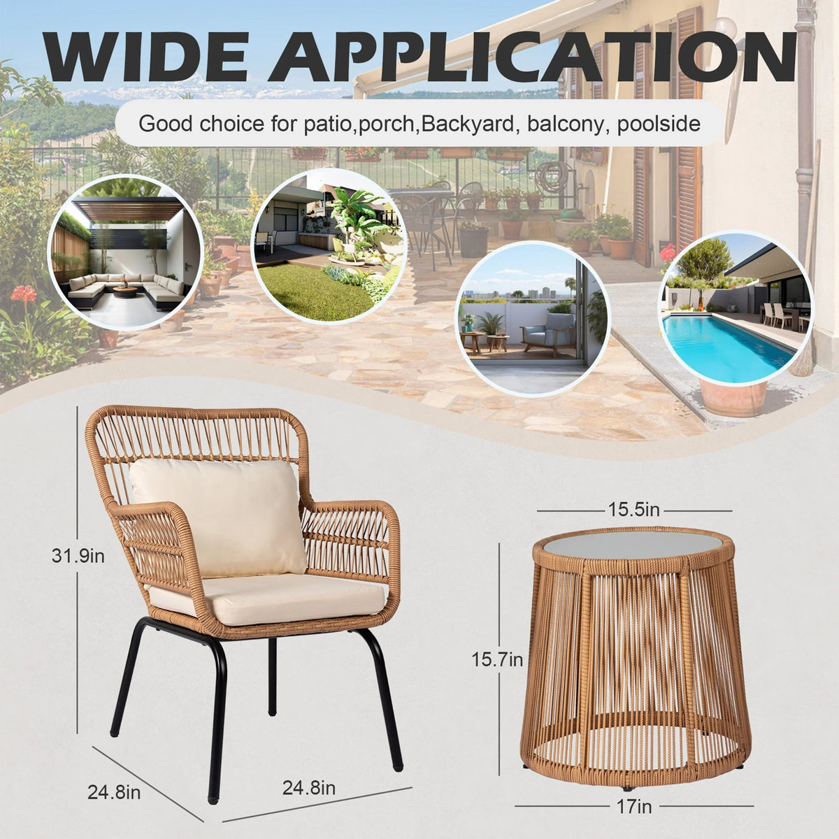 3-teiliges Outdoor-Bistroset aus Korbgeflecht, wetterfeste Rattan-Gartenmöbel mit Stühlen und Kissen
